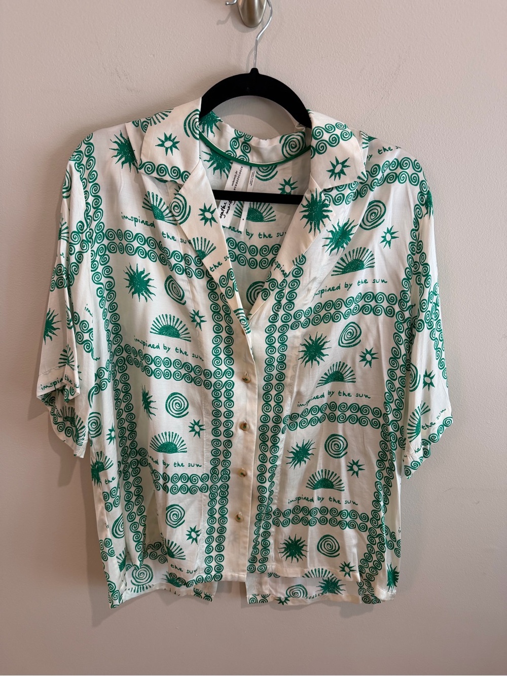 Anthropologie White & Green Short-Sleeve Printed Button-Up Shirt